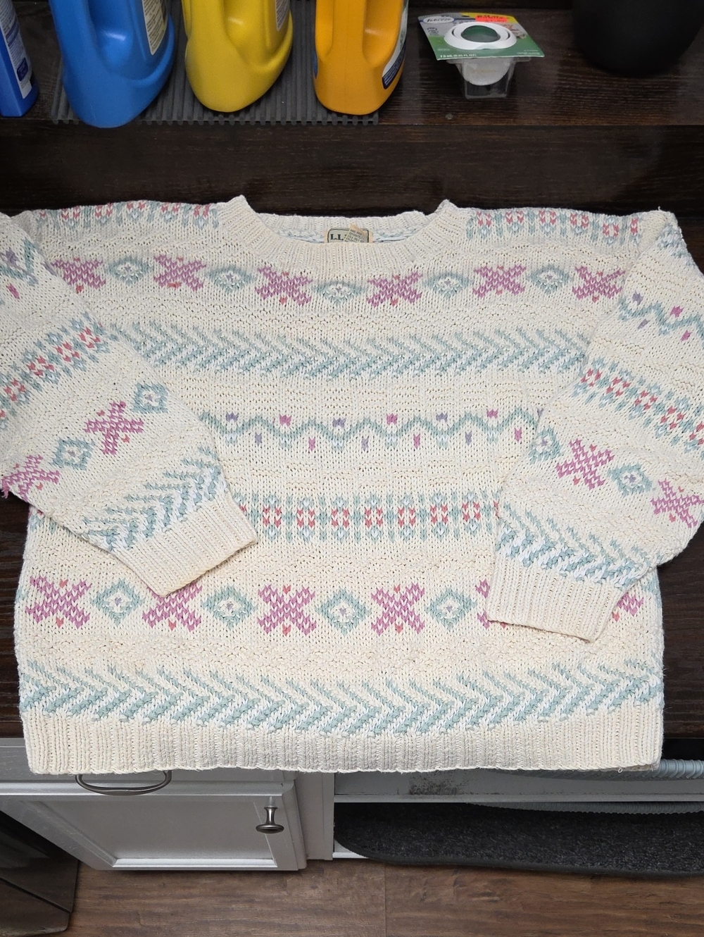 L.L. Bean Vintage Cotton Ramie Crewneck Sweater- Cream with Pastel Pattern
